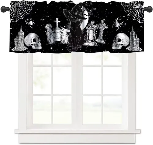 Vista 40 de Cortina de cenefa para fiesta de Halloween, diseño de dibujos animados, lindo fantasma, castillo sombrío, calabaza, murciélago, bolsillo para barra