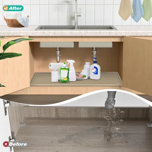 Vista 6 de Tapete impermeable para debajo del fregadero de 22 x 19 pulgadas, forro de silicona para gabinete, protector de goma para cocina y baño, mantiene