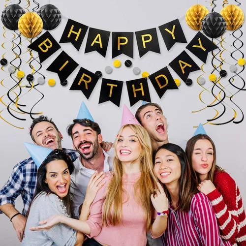 Vista 6 de Decoraciones de cumpleaños negras con pancarta de feliz cumpleaños, bolas de papel en forma de panal de abeja, guirnalda circular y decoraciones