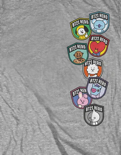 Vista 3 de BT21 BTS Kpop - Camiseta unisex de algodón con cuello redondo y manga corta, Insignias Gris