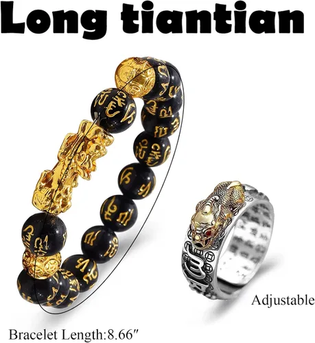 Vista 7 de Long tiantian Juego de 2 pulseras de Feng Shui Pixiu para hombres, Feng Shui de obsidiana negra, anillo para mujeres y hombres, anillo Pixiu Feng