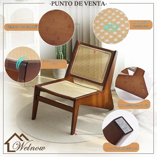 Vista 4 de Welnow Silla de ratán Mid Century con respaldo de caña tejida, nogal Juego de nogal