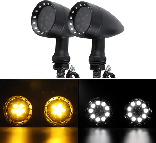 Vista 10 de Dreamizer Señales de giro de motocicleta en forma de bala con luces LED, lámpara indicadora de aleación de aluminio para Cafe Racer Bobber Shadow
