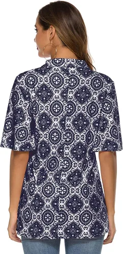 Vista 6 de HOCOSIT - Camiseta de manga corta con olanes y cuello en V con estampado de flores, plisada y abotonada, para mujer