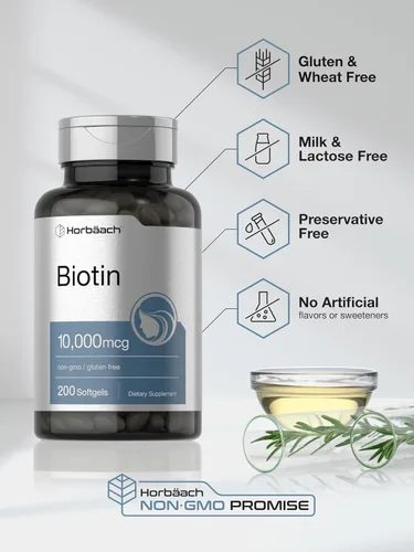 Vista 5 de Horbäach Biotin 10000 mcg 200 cápsulas blandas con vitamina B7 Suplemento de fórmula de belleza Sin OMG y sin gluten