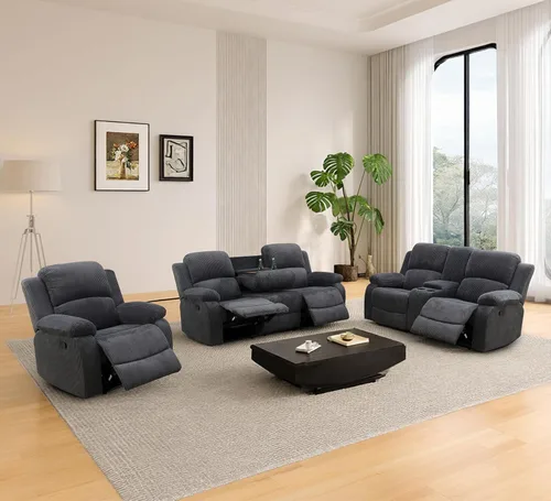 Vista 13 de Juego de sofá reclinable manual para sala de estar, juego de muebles de 3 piezas, sofá reclinable de tela Courduroy y dos sillas con mesa Azul