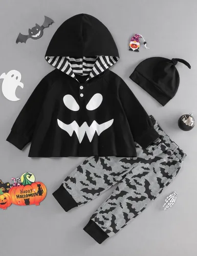 Vista 2 de RCPATERN Sudadera con capucha para bebé niño de Halloween, sudadera con capucha y estampado de murciélagos, ropa de Halloween para bebé, 6 meses-3