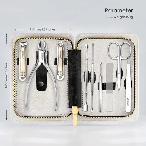 Vista 5 de ZIZZON Juego de manicura profesional de acero inoxidable para uñas y uñas de los pies y uñas 9 en 1, kit de pedicura y aseo con estuche de viaje