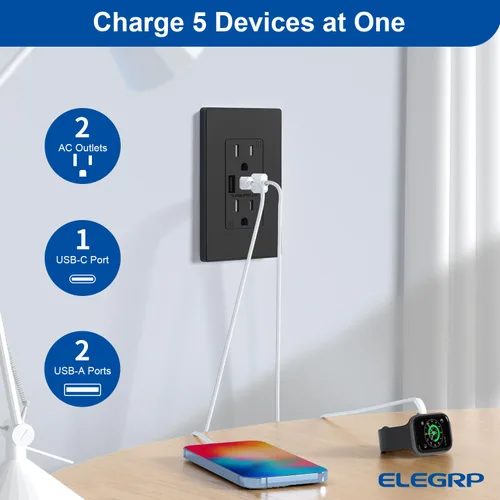 Vista 2 de ELEGRP Tomacorrientes de pared USB, Receptáculos de tomacorrientes de pared USB C de 3 puertos, tomacorrientes negro mate de 15 amperios con 3