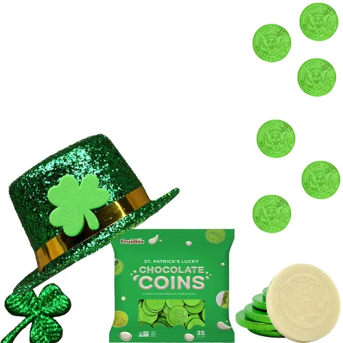 Vista 4 de Fruidles Monedas de chocolate con leche blanca del día de San Patricio, monedas verdes, moneda de chocolate con leche