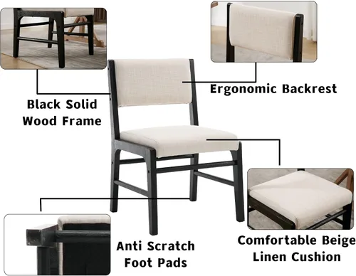 Vista 4 de HNY Juego de 2 sillas de comedor de lino beige con marco de madera negra, silla de cocina tapizada de tela moderna con respaldo rectangular, sillas