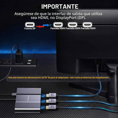 Vista 2 de Adaptador DisplayPort a HDMI 1 en 3 salidas 4K60Hz, divisor de puerto de pantalla extendida a divisor de puerto de pantalla extendida para 3