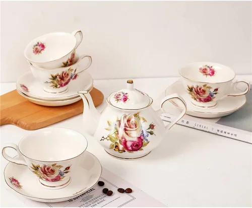 Vista 2 de Juego de té de cerámica europeo de 9 piezas, juego de café de servicio de té de porcelana de hueso con soporte de metal, para boda y regalo, pintura