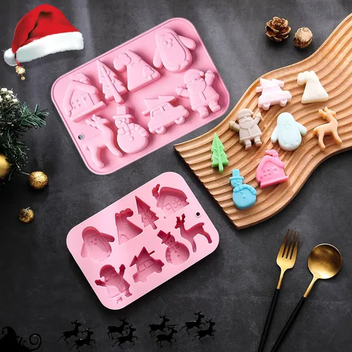 Vista 4 de Paquete de 3 moldes de silicona para hornear navideños, moldes de silicona navideños con forma de árbol de Navidad, moldes para jabón y dulces