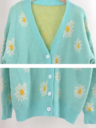 Vista 5 de chouyatou Suéter de punto jacquard con botones y estampado de margaritas para mujer