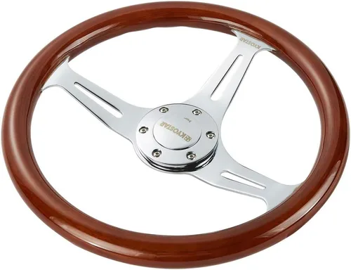 Vista 5 de Volante universal Kyostar de 14 pulgadas, estilo clásico y de nostalgia, de grano de madera, color plateado, con botón de bocina
