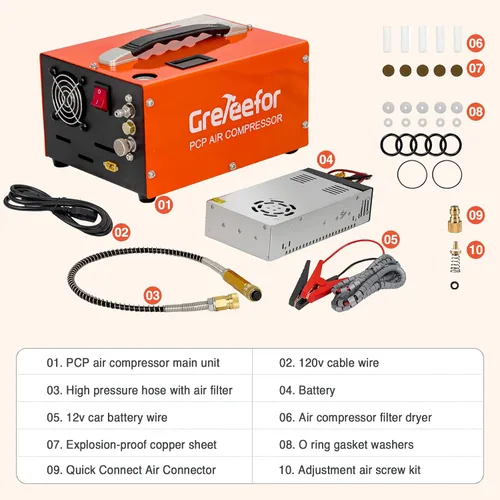 Vista 6 de Compresor de aire PCP, 4500 PSI / 30 MPa, auto de doble potencia 12 V CC o hogar 110 V/220 V CA, mango retráctil, sin agua/aceite