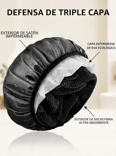 Vista 3 de Aquior Gorro de ducha con forro de rizo para mujer, reutilizable, triple capa impermeable, extra grande para mujeres de pelo largo (negro)
