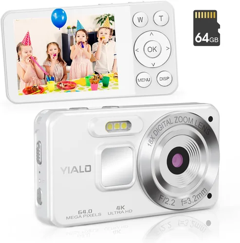 Vista 10 de Cámara digital 4K para adolescentes, cámara digital FHD de 64 MP para niños con tarjeta SD de 64 GB, cámaras de zoom digital 18X para fotografía