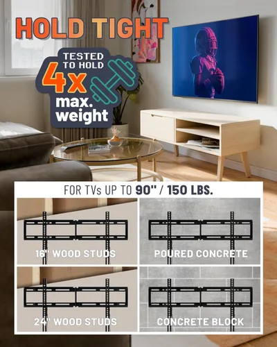 Vista 5 de ECHOGEAR Soporte fijo de pared para TV de 32 a 90 pulgadas de hasta 150 libras - Soporte universal XL para TV mantiene un perfil bajo de 1.18