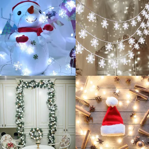 Vista 4 de 2 piezas de 100 luces LED de copo de nieve para colgar decoraciones, Decoración iluminada de invierno para vacaciones, Navidad, suministros