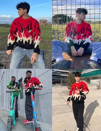 Vista 5 de ZAFUL Y2K - Suéter casual con estampado de llama estética para hombre, suéter de punto holgado, manga larga, cuello redondo