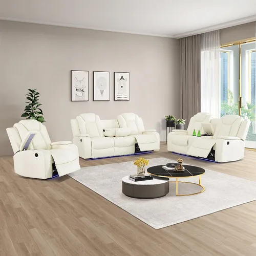 Vista 9 de Juego de sofá reclinable eléctrico con LED, juego de sofá de cuero transpirable para sala de estar, juego de sofá reclinable con puerto USB, Negro