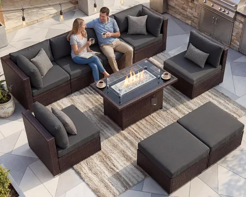 Vista 135 de NICESOUL Juego de muebles de patio de ratán extra grande con mesa para fogata de gas y propano, 29.3 pulgadas, respaldo alto, cómodos conversaciones