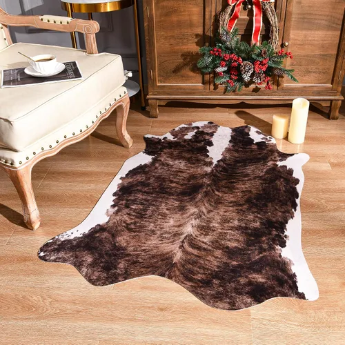 Vista 4 de Easycozy Alfombra de piel de vaca sintética con gran estampado de vaca, 3 x 4 pies, alfombra gruesa y elástica para dormitorio, sala de estar