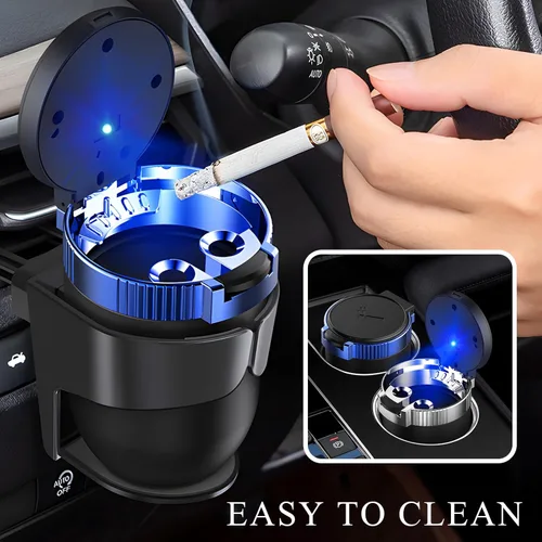 Vista 6 de Ohleats Cenicero de coche con tapa, cenicero desmontable de acero inoxidable con luz LED azul, cenicero portátil mini para vehículo, portavasos