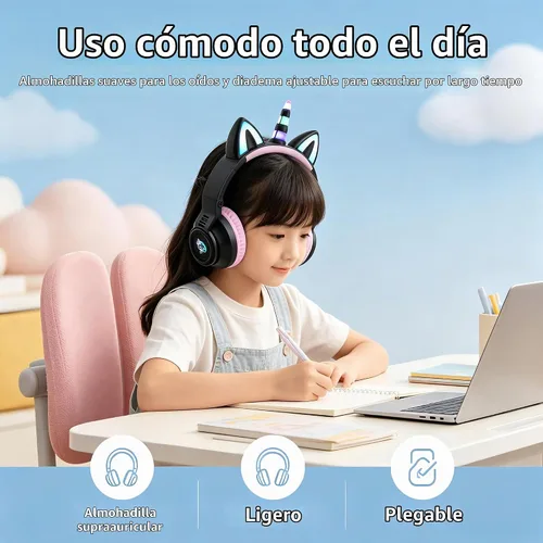 Vista 6 de Auriculares de unicornio para niñas, auriculares Bluetooth de unicornio para niños pequeños, portátil, teléfonos celulares, uso en avión Negro