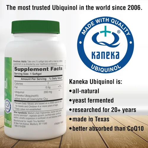 Vista 5 de Health Thru Nutrition Ubiquinol 200 mg 30 cápsulas blandas como Kaneka QH reducido CoQ-10 Estabilizado - Probado por terceros Biodisponibilidad