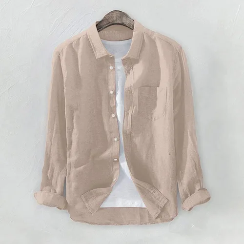 Vista 2 de Ymosrh Camisas casuales de lino de manga larga para hombre, camisa casual sin cuello, cuello alto, camisa hawaiana