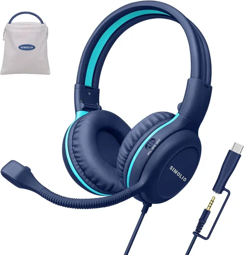Vista 14 de SIMOLIO Audífonos para niños con micrófono para la escuela, auriculares con cable de 75/85/94 dB con micrófono retráctil para iPad, PC, laptop