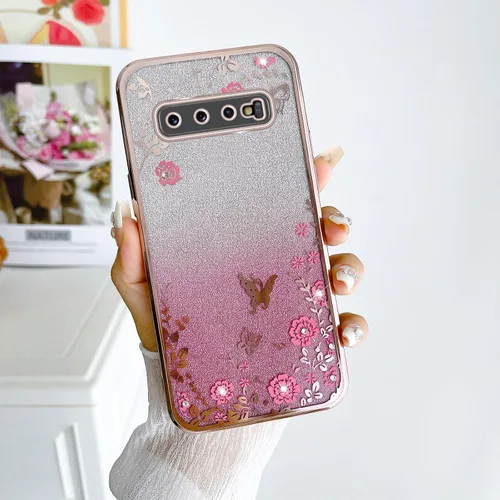 Vista 3 de Funda para Galaxy S10, TPU suave con purpurina, elegante, mariposa, floral, corazón, transparente, funda protectora con correa (oro rosa)