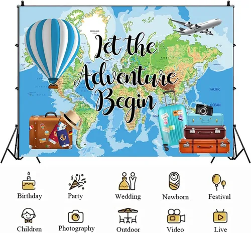 Vista 5 de Let The Adventure Begin - Fondo de fotografía de fondo de gira mundial, mapa, maleta de avión, decoraciones de fiesta de cumpleaños, globo