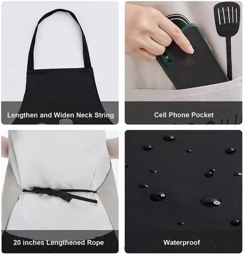 Vista 3 de Paquete de 2 delantales de cocina con toallita de mano, resistente a las gotas de agua con 2 bolsillos, delantales de cocina para mujeres y hombres
