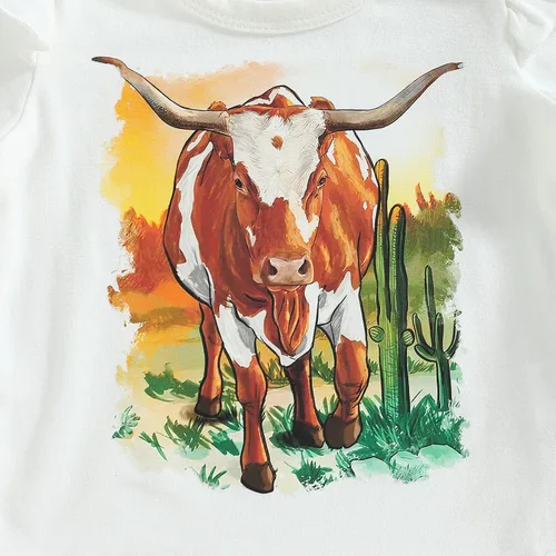 Vista 27 de Conjunto de ropa de bebé occidental para niñas, con estampado de vaca, pantalón y diadema