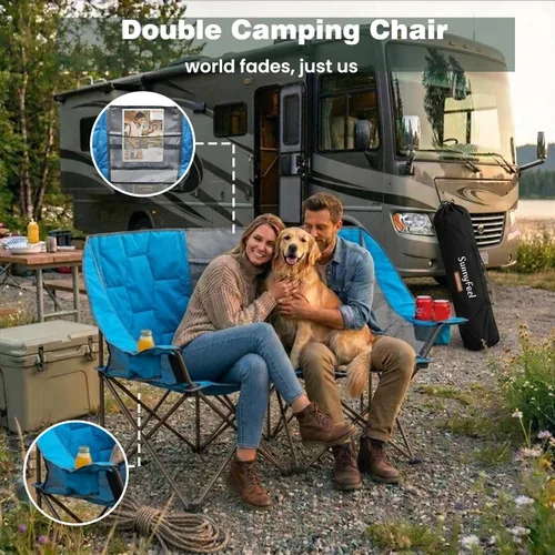 Vista 7 de SUNNYFEEL Silla Plegable Doble de Camping, Silla Loveseat Sobredimensionada, Silla de Césped Portátil/Plegable Resistente con Almacenamiento