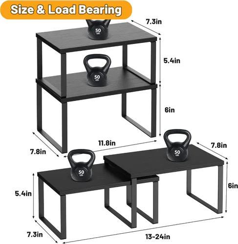 Vista 5 de Juego de 4 estantes organizadores de armario de cocina, estantes resistentes para encimera de cocina con patas de metal, estante apilable de madera