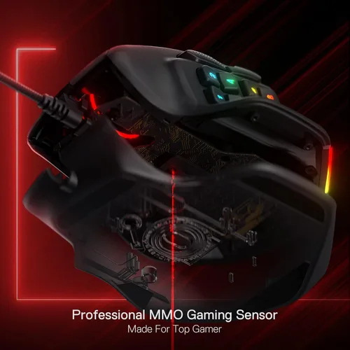 Vista 4 de Redragon M811 Aatrox - Ratón para juegos MMO, 15 botones programables con cable RGB con agarre natural ergonómico, 10 teclas macro laterales
