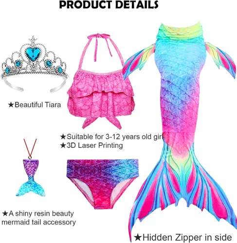 Vista 3 de Conjunto de traje de baño de princesa para niñas de 3 a 12 años, 5 piezas, Morado