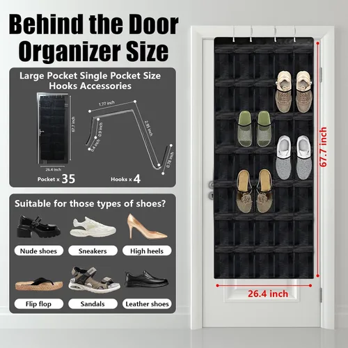 Vista 2 de Organizador de zapatos sobre la puerta de 35 bolsillos, zapatero colgante plegable negro para puerta con ganchos de metal, instalación sin taladros