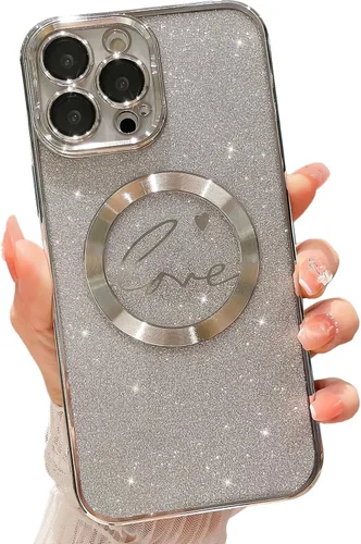 Vista 7 de Funda magnética con purpurina compatible con iPhone 11 Pro Max de 6.5 pulgadas, funda transparente de lujo, con diseño de corazón chapado en amor