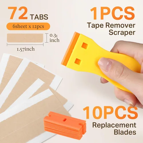 Vista 4 de DOORES Cinta para Extensiones de Cabello 72 Lengüetas y Herramienta Raspadora Removedora con 10 Cuchillas de Repuesto de Plástico, Cinta de Repuesto