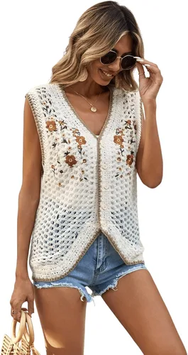 Vista 4 de Verdusa Cárdigan de punto sin mangas con cuello en V y bordado floral para mujer