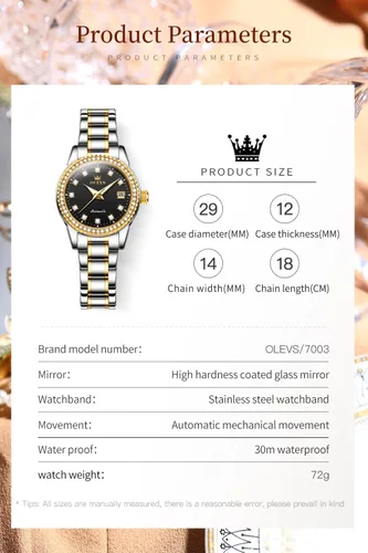 Vista 5 de OLEVS Reloj de pulsera de acero inoxidable original de acero inoxidable para mujer, mecánico automático, de lujo, color dorado