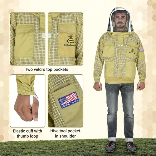 Vista 6 de 3-Layer Ventilated Mesh Bee Jacket for Men & Women with Veils Sting-Proof Beekeeping Jacket with Leather Gloves & Bag