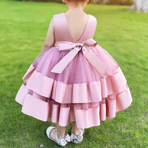 Vista 4 de 3M-6T Vestido de Concurso con Volantes de Encaje sin Espalda para Bebé Niña Vestido Tutú para Niña Pequeña Vestidos de Fiesta de Tul con Flores