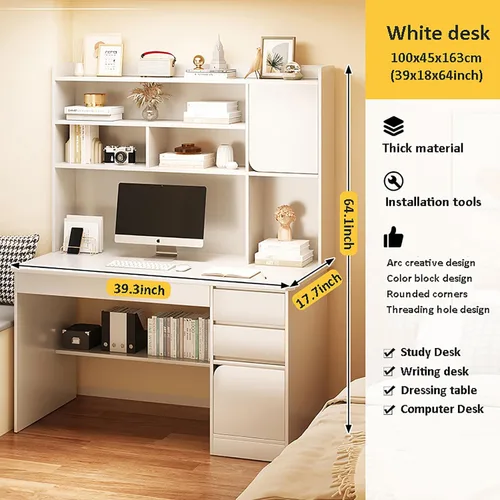 Vista 7 de HM&DX Escritorio para computadora de oficina en casa con gabinete, escritorio de estudio de madera con cajones, muebles modernos de madera